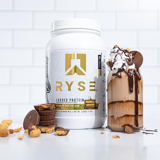 Ryse Loaded Protein Powder - Peanut Butter Cup - 25g Whey Protein Isolate & Concentrate with Prebiotic Fiber & MCTs - Low Carb, Low Sugar, Digestive-Friendly - 54 Servings / 4 lb Tub