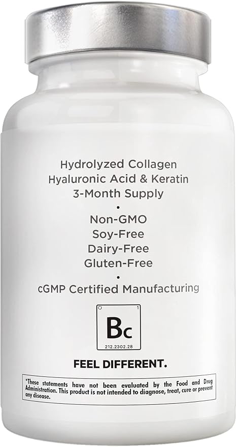 Amen Biotin Collagen Vitamins+ 10,000 mcg Biotin Supplement - Hydrolyzed Collagen, Vitamins C & E, Folate, Hyaluronic Acid, Keratin, MSM, Saw Palmetto - 3-Month Supply - Non-GMO - 90 Capsules
