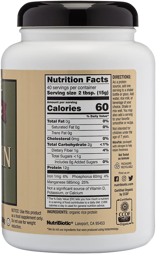 NutriBiotic Certified Organic Plain Rice Protein, 21 Ounce | Low Carbohydrate Vegan Protein Powder | Raw, Certified Kosher & Keto Friendly | Made Without Chemicals, GMOs & Gluten | Easy to Digest