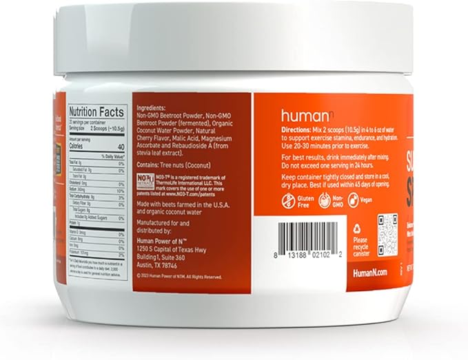 HumanN SuperBeets Sport Endurance Pre Workout Powder – NSF Certified – Nitric Oxide Supplement – Caffeine, Creatine & Stimulant Free Energy – Wild Cherry Flavor, 20 Servings