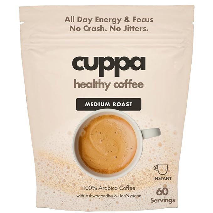 Cuppa Healthy Mushroom Insant Coffee with Lion's Mane & Ashwagandha for All Day Energy & Focus - No Crash or Jitters - Nootropics for Brain Health, Gut Health, Immunity, Stress, Memory + Mood - 60 Servings