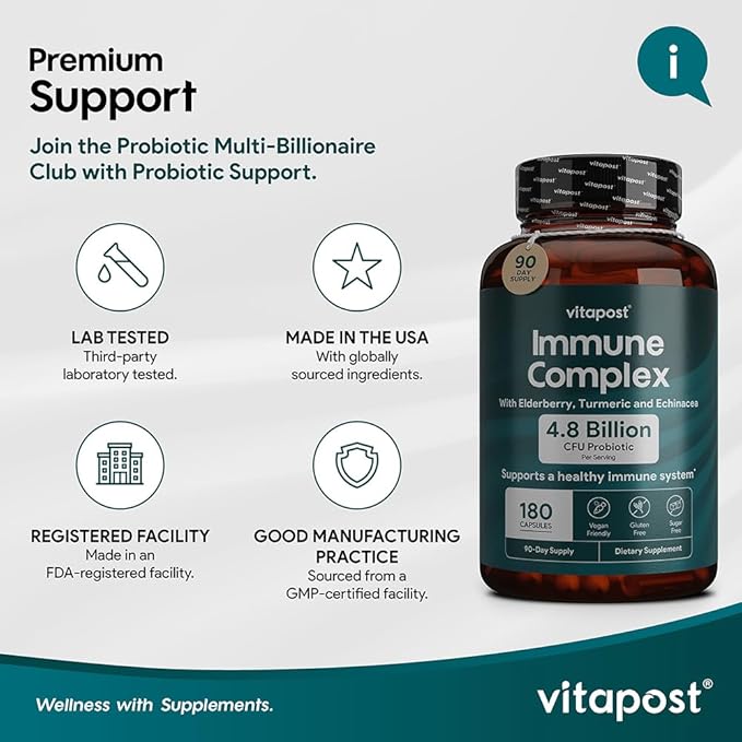 Immune Complex Supports a Healthy Immune System with Vitamin C, Elderberry, Zinc, Echinacea, Garlic & Turmeric. Dietary Supplement, 180 Capsules