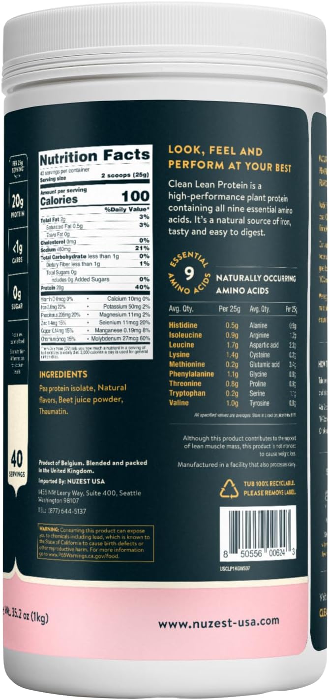 Nuzest - Pea Protein Powder - Clean Lean Protein, Premium Vegan Plant Based Protein Powder, Dairy Free, Gluten Free, GMO Free, Naturally Sweetened, Wild Strawberry, 40 Servings, 2.2 lb