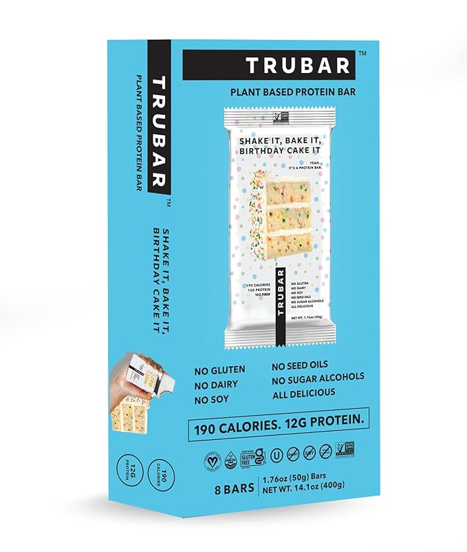 TRUBAR Vegan Protein Bar, Shake it Bake it Birthday Cake it, Gluten Free, Plant Based Protein, Dairy Free, Non GMO, Soy Free, No Sugar Alcohols, 12G Protein, 12G Fiber, 23G Carb, On the Go Snack Bars, 8ct