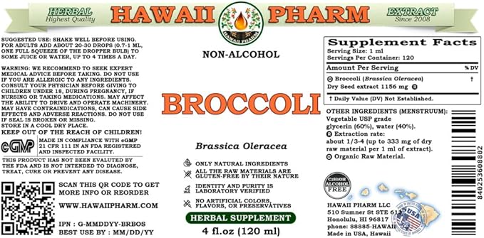 Hawaii Pharm Broccoli Alcohol-Free Liquid Extract, Organic Broccoli (Brassica Oleracea) Seed Glycerite Natural Herbal Supplement 4 oz