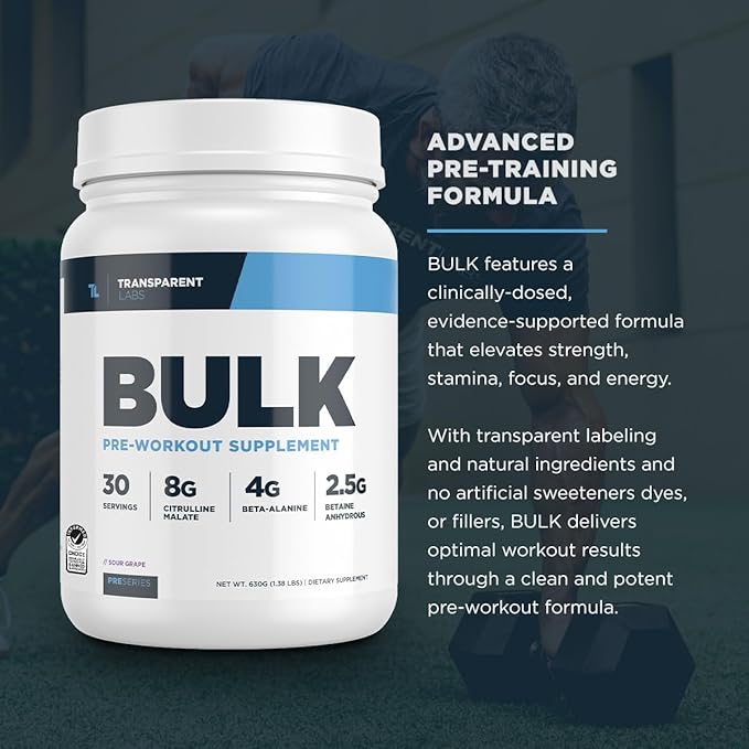Transparent Labs Bulk Pre Workout Powder - Naturally Sweetened Advanced Pre-Workout Formula for Muscle Building and Strength - 30 Servings, Blue Raspberry