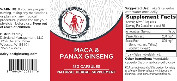 Maca Root Capsules + Korean Panax Ginseng - Concentrated Extract Black + Red + Yellow Maca Root, Panax Ginseng Capsules 150 ct