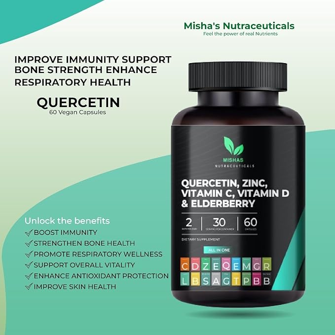 Strength Quercetin with Bromelain, Zinc, Vitamin C & D, Elderberry – Immune & Lung Support Supplement for Women & Men - Artemisinin, Sea Moss, Echinacea & Allergy Relief – Vegan 60 Capsules
