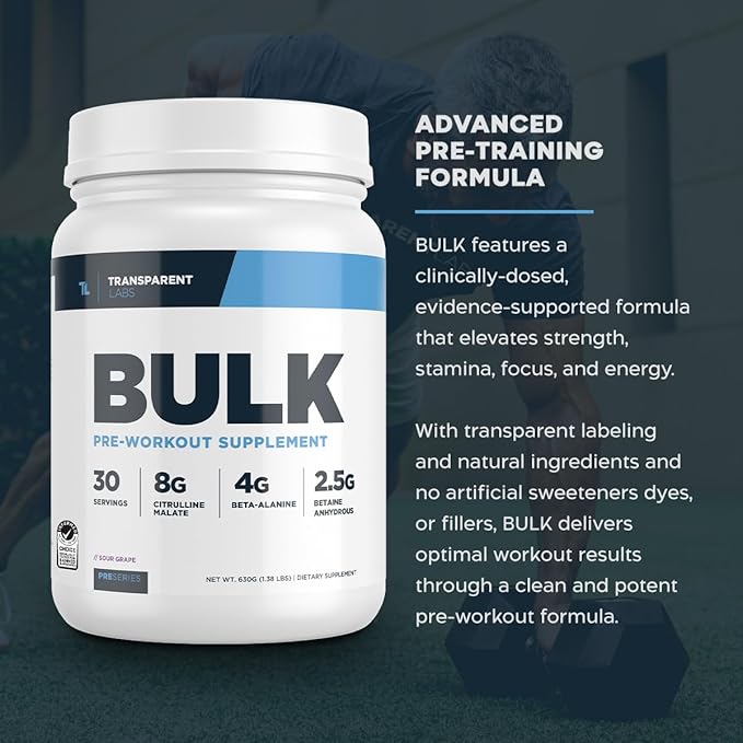 Transparent Labs Bulk Pre Workout Powder - Naturally Sweetened Advanced Pre-Workout Formula for Muscle Building and Strength - 30 Servings, Strawberry Lemonade