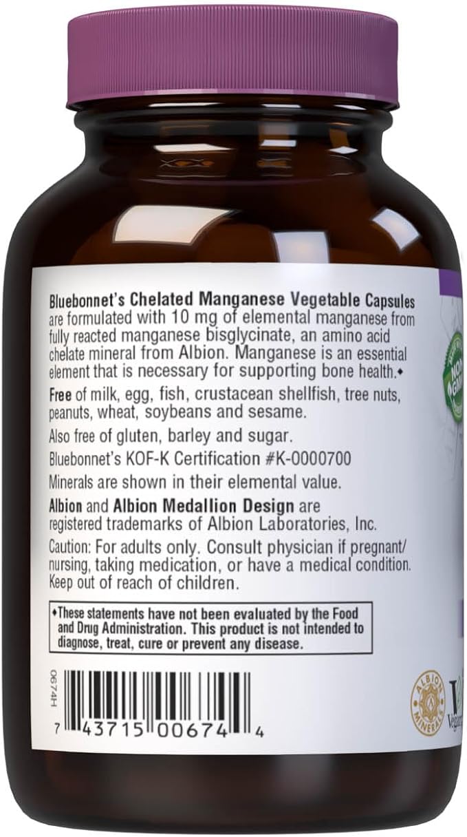 BlueBonnet Nutrition Albion Chelated Manganese, Amino Acid Chelate, Soy, Dairy & Gluten-Free, Non-GMO, Kosher Certified, Vegan, 90 Count