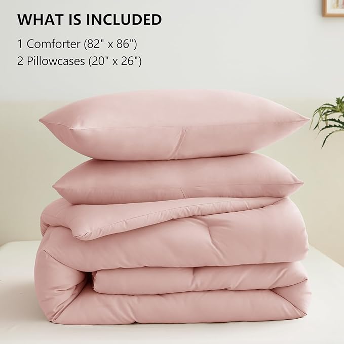 CozyLux Blush Pink Comforter Set Full Size for Girls, 3 Pieces Women Solid Breathable Quilted Boho Style Bedding Sets, Luxury Fluffy Soft Microfiber Comforter & 2 Pillowcases All Season