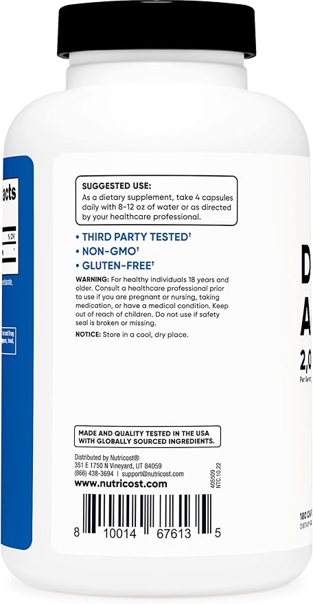 Nutricost D-Aspartic Acid (DAA) Capsules 2000mg Per Serving (180 Capsules) - Non-GMO Supplement