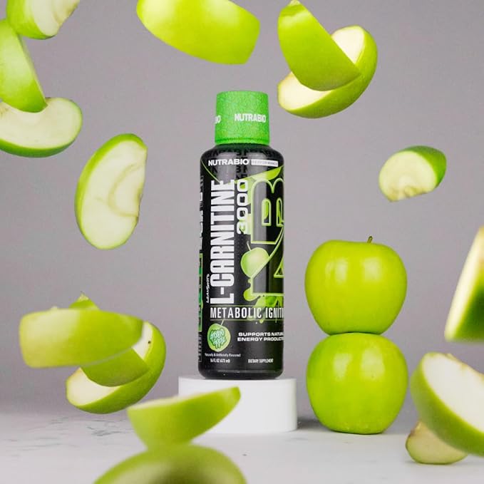 NutraBio – L-Carnitine Liquid Shots – 3000mg, (Green Apple) – 10mg of Vitamin B-5 – Zero Carbs & Sugars – Energy Production – Muscle Recovery