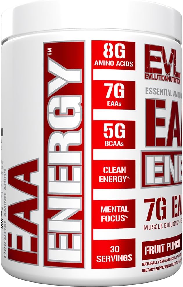 Evlution Nutrition EAA Energy - Pre & Post Workout Powder - Muscle Building & Recovery Supplement - 7g Essential Amino Acids + 5g BCAAs - Clean Energy - with Caffeine - 30 Servings - Fruit Punch