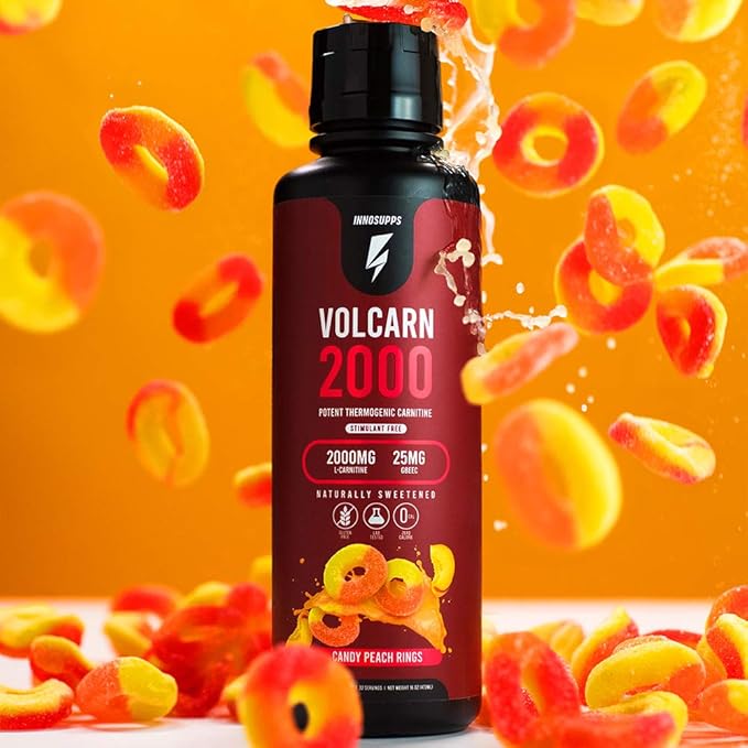 InnoSupps Volcarn 2000 - L-CARNITINE Advanced Energy Liquid | ATP Enhancer with GBEEC | Boosts Energy, Enhances Focus, Caffeine Free, No Artificial Sweeteners | 32 Servings (Candy Peach Rings)