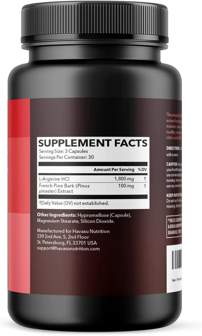 L-Arginine 1800mg and Pine Bark Extract 100mg - Nitric Oxide Supplement for Men - Performance Supplement for Men's Health - 90 Count - Endurance, Recovery Support - Vegan, Non-GMO Capsules