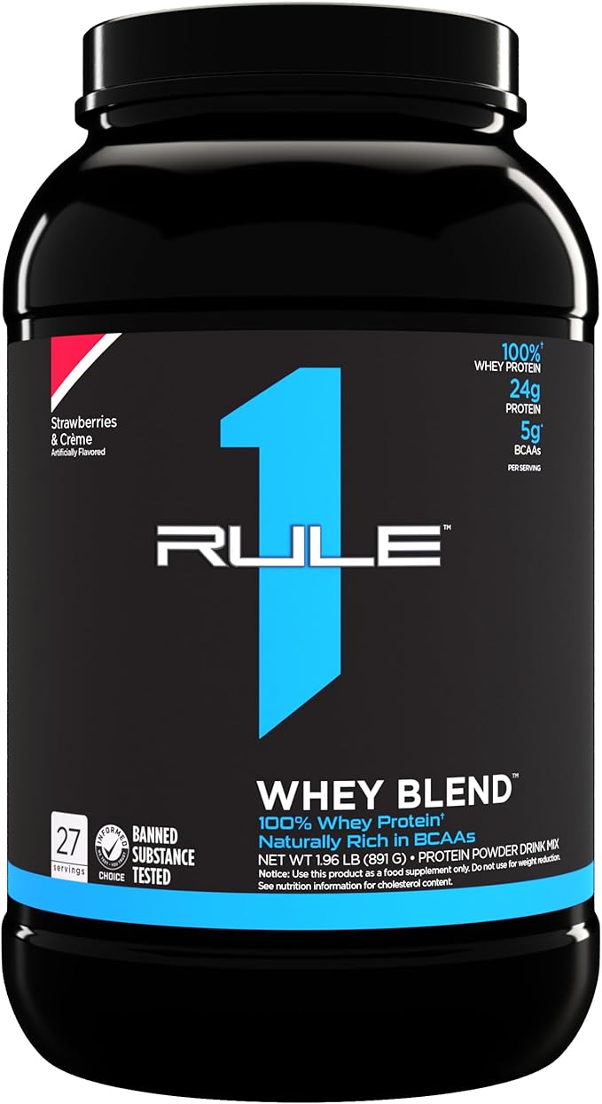 Rule One Proteins, R1 Whey Blend - 24g Fast-Acting Whey Protein Concentrates, Isolates, and Hydrolysates Per Serving, with Naturally Occurring EAAs and BCAAs (2 Pounds*, Strawberries and Crème)