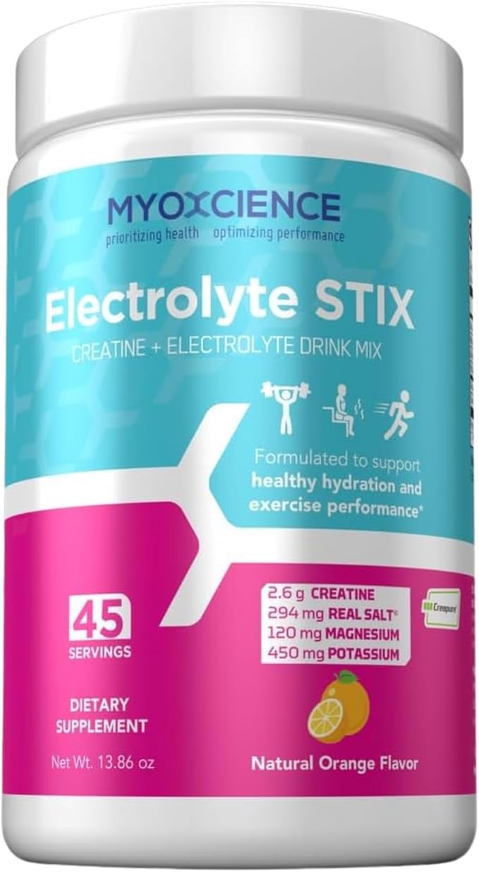MYOXCIENCE Electrolyte STIX | Creatine Electrolyte Powder | Recovery from Exercise & Muscle Development w/Real Salt (Natural Orange Flavor) (Jar 45 ct)