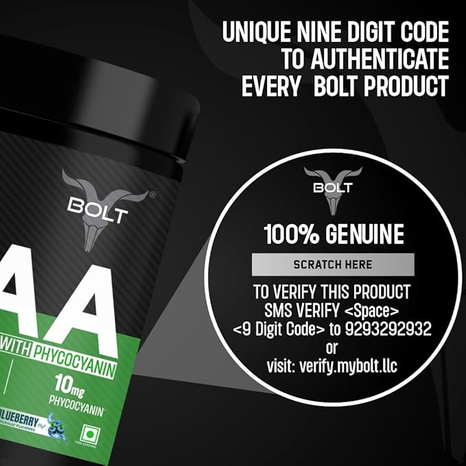 Bolt BCAA Powder, 2:1:1 Potent Formula-Leucine, Isoleucine, Valline, Suppots Muscle Recovery, Growth & Endurance,Blueberry Blast, 30 Servings