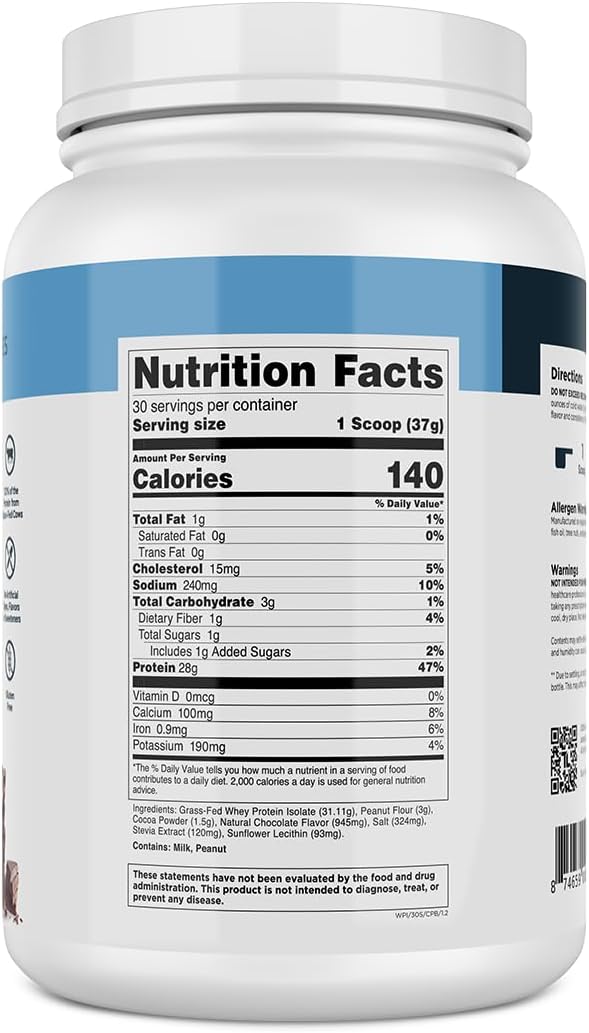 Transparent Labs Grass-Fed Whey Protein Isolate - Naturally Flavored, Gluten Free Whey Protein Powder with 28g of Protein per Serving & 9 Amino Acids - 30 Servings, Chocolate Peanut Butter