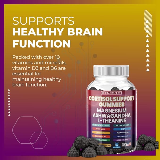 Sugar Free Gummies with GABA, L-Theanine, Lion’s Mane, Ashwagandha, Phosphatidylserine, Vitamin D3, B6, Panax Ginseng, Ginkgo Biloba for Men, Women Adrenal, Cortisol, Brain, Cognitive, Energy
