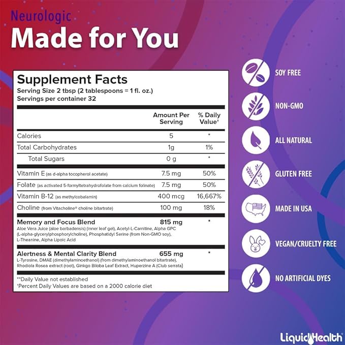 LIQUIDHEALTH Neurologic Focus Supplement - Brain Booster Nootropic Supplement for Cognitive Function, Memory & Focus with Ginkgo Biloba, Choline, L-Theanine & Phosphatidylserine - USA Made (32 oz)