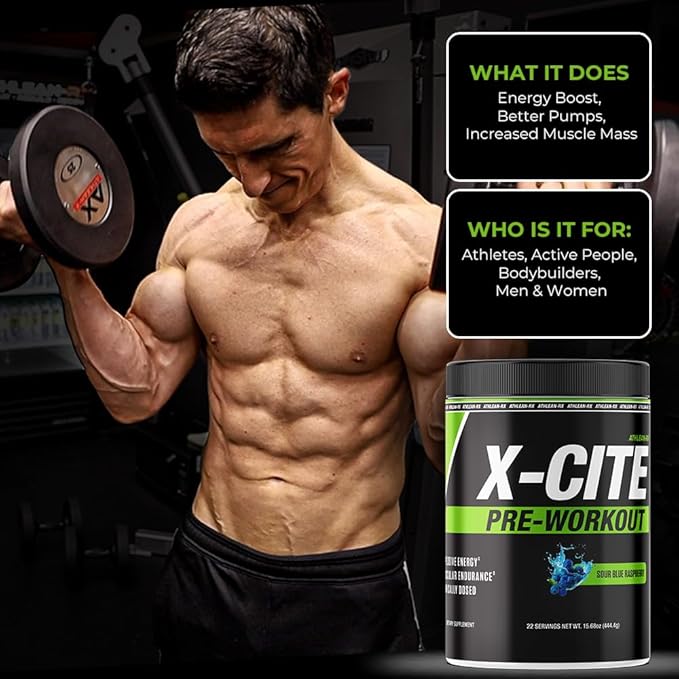 X-CITE Pre-Workout by ATHLEAN-X - Enhanced Formula with Beta-Alanine, Creatine & Caffeine for Ultimate Energy, Endurance, Focus & Muscle Pump, NSF Certified (22 Servings, Sour Blue Raspberry)