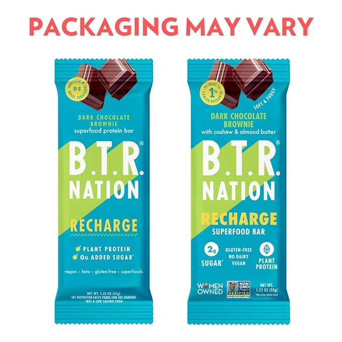 B.T.R Nation Keto Superfood Protein Bars, Plant Based Vegan - Brownie RECHARGE | 12 Bars | Low Carb and Gluten Free, Free of Sugar Alcohols and Boosted with Powerful Superfoods