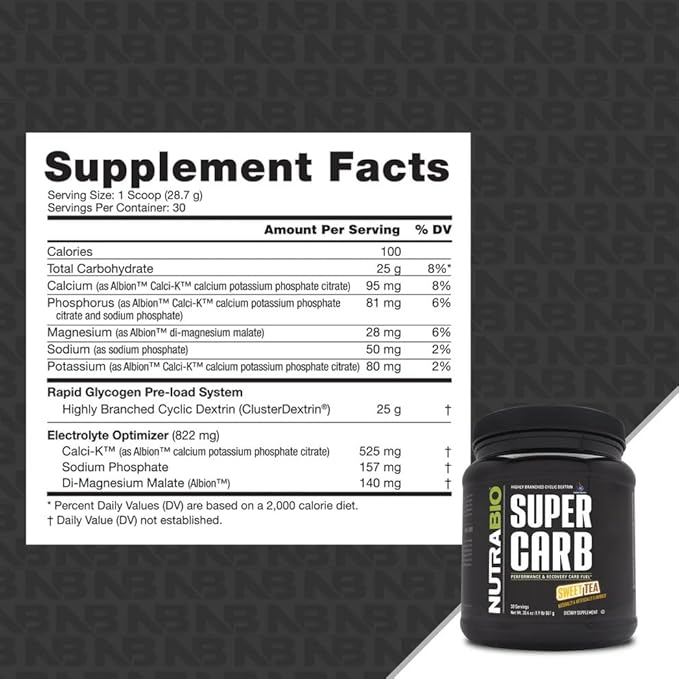 NutraBio Super Carb - Complex Carbohydrate Supplement Powder - Cluster Dextrin and Electrolytes for Performance Enhancement & Muscle Recovery - Sweet Tea, 30 Servings