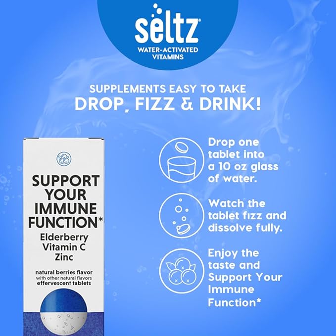 Seltz® Water-Activated Vitamins - Support Your Immune Function - Vitamin C, Elderberry Extract, and Zinc – Natural Berries Flavor Dietary Supplement - 6 Packs x 20 Effervescent Tablets Each
