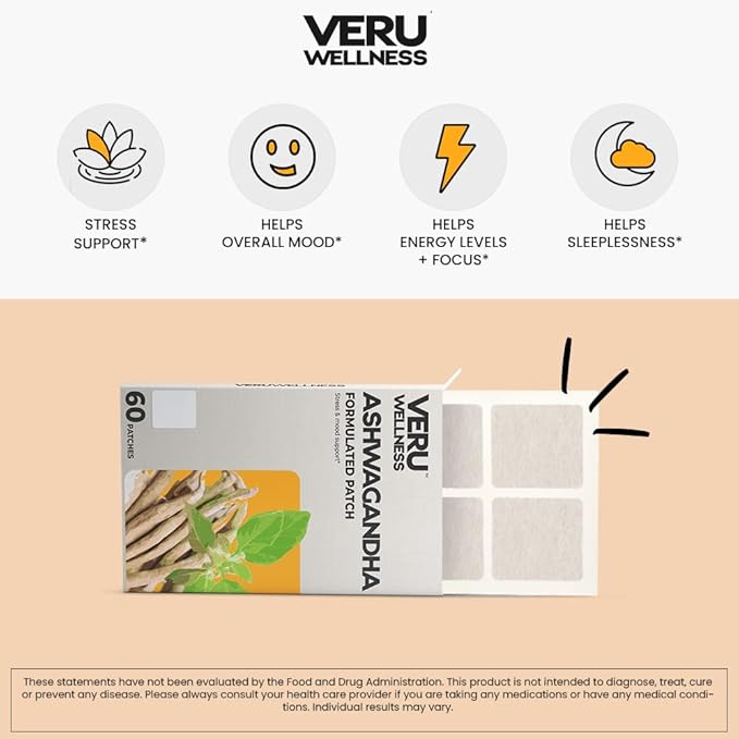 Veru Wellness Ashwagandha Patch - Stress Relief, Natural Mood Support, Stress, Energy, and Focus Support Patch (60 Count)