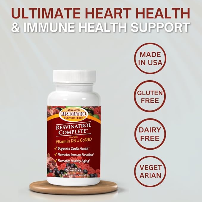 Capsules, 60 Count- Resveratrol Supplement Supports Healthy Aging, Heart Health, and Immune Function with Quercetin, Grape Seed Extract, Vitamin D3 and CoQ10