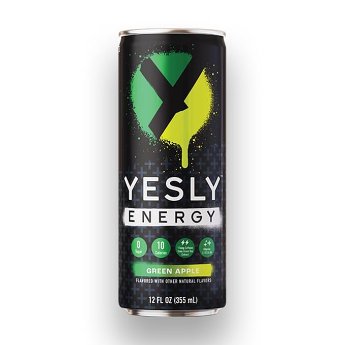 Yesly Energy Drink, Green Apple, Naturally Flavored Sparkling Energy Water With Electrolytes, Magnesium, Potassium, Vitamin C, B6 & B12, Natural Caffeine From Green Tea, 12 Fl Oz Cans, 12 Pack