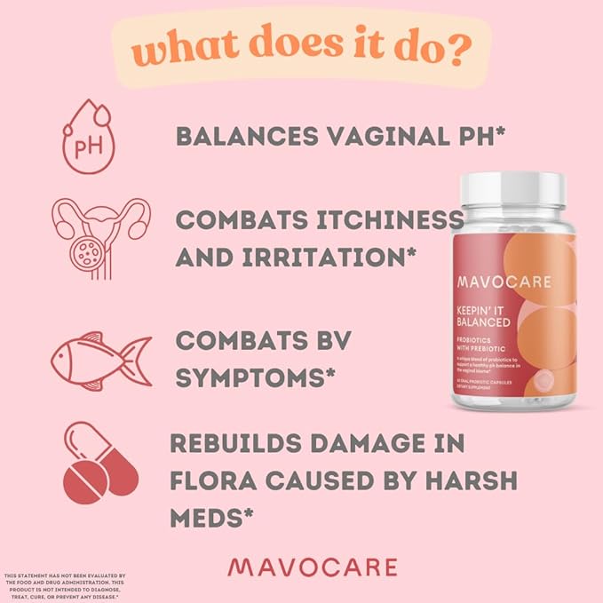 MavoCare Probiotic for Women – BV & Yeast Infection Support, pH Balance, Odor Relief, Gut Health – 30ct Vegan Capsules with Prebiotics, Calendula & Garlic for Vaginal Health and Digestion