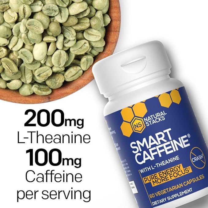 NATURAL STACKS Smart Caffeine Pills - 100mg Caffeine + 200mg L-Theanine Supplement - Supports Energy and Focus - No Jitters and No Crash - 60 Capsules