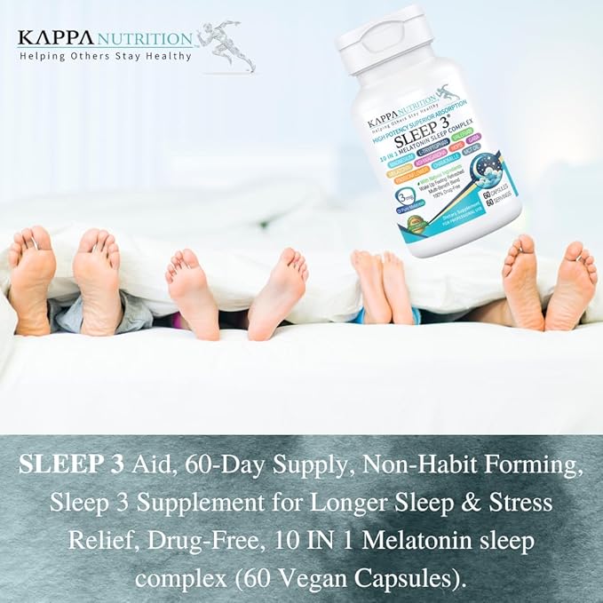 KAPPA NUTRITION Sleep 3, Sleep Aid, 3mg of Melatonin, 60-Day Supply, Non-Habit Forming Vegan Capsules Natural Ingredients for Easier Bedtime, Herbal Supplement, Valerian Root, Chamomile Non-GMO