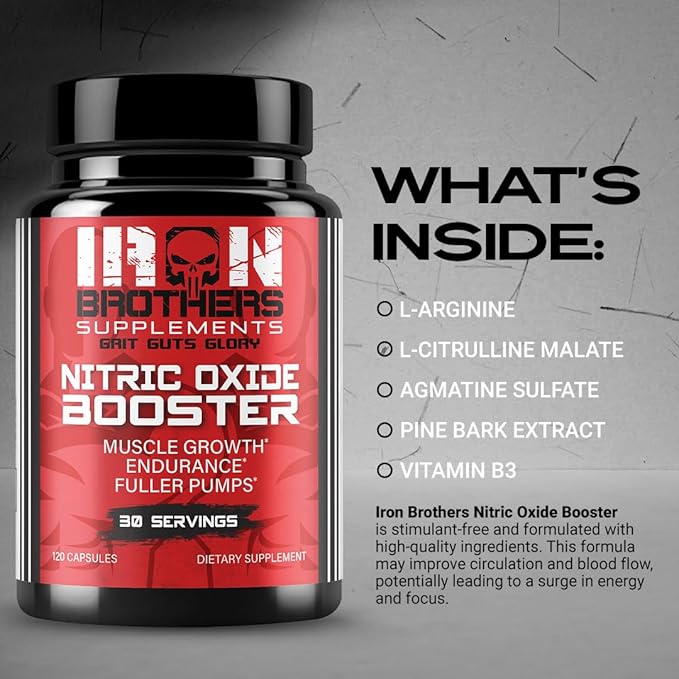 Iron Brothers Supplements Nitric Oxide Booster | Extra Strength Pumps Supplements | Pre-Workout with L-Arginine | Maximum Blood Flow & Vascularity | Increase Muscle Pumps, Energy & Endurance - 30 days