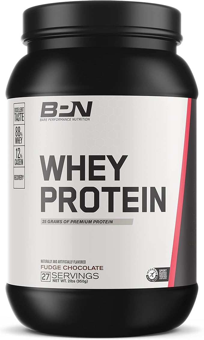 BARE PERFORMANCE NUTRITION, BPN Whey Protein + Casein Protein Powder Blend, Fudge Chocolate, 25g Protein per Serving Supports Lean Muscle Recovery, 27 Servings, Third Party Tested