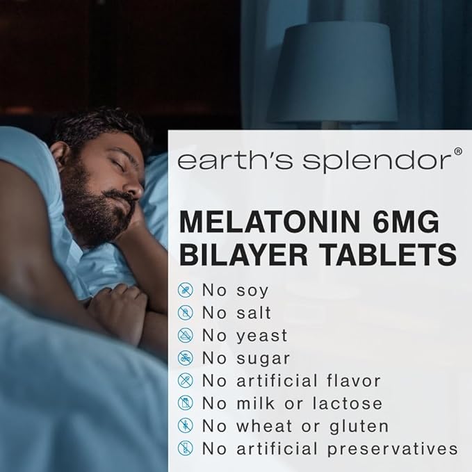 Earth's Splendor Melatonin 6 MG Bilayer Tablets, Sleep Aid Supplement, 60 Count - 2 Month Supply
