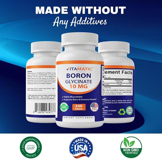 Vitamatic Chelated Boron (as Glycinate) 10mg 240 Tablets - Supports Hormone Balance, Bone Health & Connective Tissue