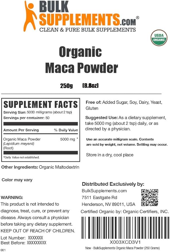 BulkSupplements.com Organic Maca Powder - Maca Supplement, Maca Root Powder - Superfood, Maca Powder Organic - Gluten Free, 5000mg per Serving, 250g (8.8 oz) (Pack of 1)