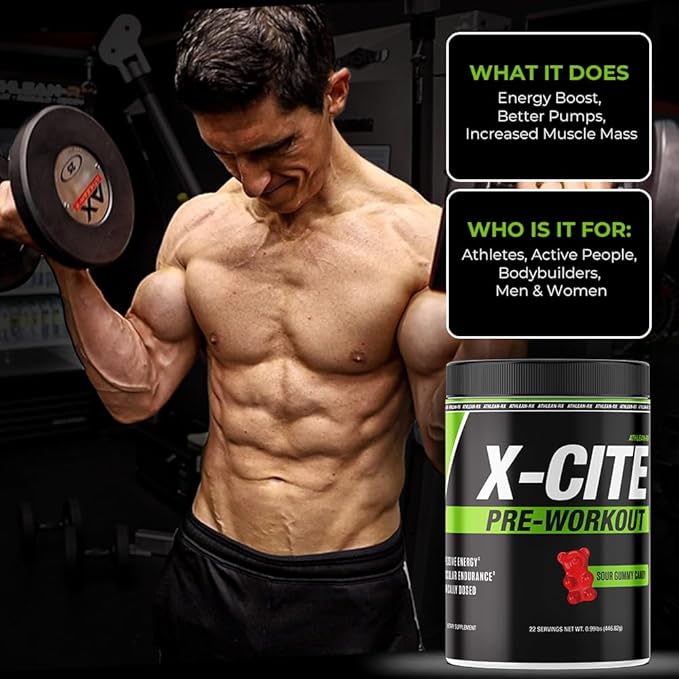 X-CITE Pre-Workout by ATHLEAN-X - Enhanced Formula with Beta-Alanine, Creatine & Caffeine for Ultimate Energy, Endurance, Focus & Muscle Pump, NSF Certified (22 Servings, Sour Gummy Bear)