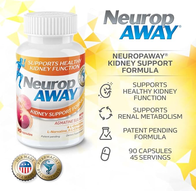 NeuropAWAY Kidney Support Formula Sugar Free with Agmatine Sulfate 500mg L-Novaline 50mg L-Ornithine 150mg L-Citrulline 100mg Per Capsule 90CT Fast Acting Kidney Support