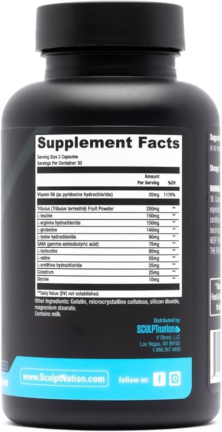 Sculpt Nation by V Shred L Arginine, Tribulus Terrestris & Amino Acids for Energy, Performance, and Vitality Support, Lean Body Mass and Recovery Support - 60 Gluten Free Capsules - 2 Pack