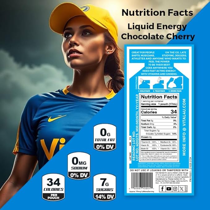 VITAL 4U® Liquid Energy Shot - Ginseng, Naturally Sweetened, Chocolate Cherry Flavor, 24 ct