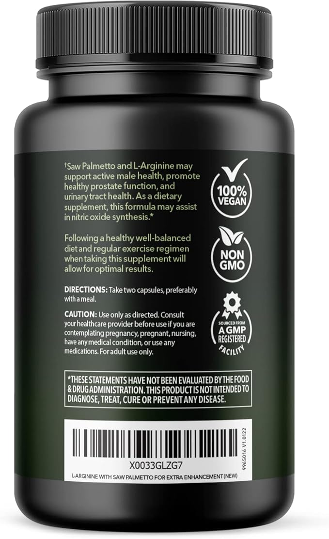 L-Arginine 500mg and Saw Palmetto 500mg - Nitric Oxide and Prostate Health Supplements for Men - 60 Count - Endurance and Urinary Tract Function Support - 1 Month Supply - Vegan, Non-GMO Capsules