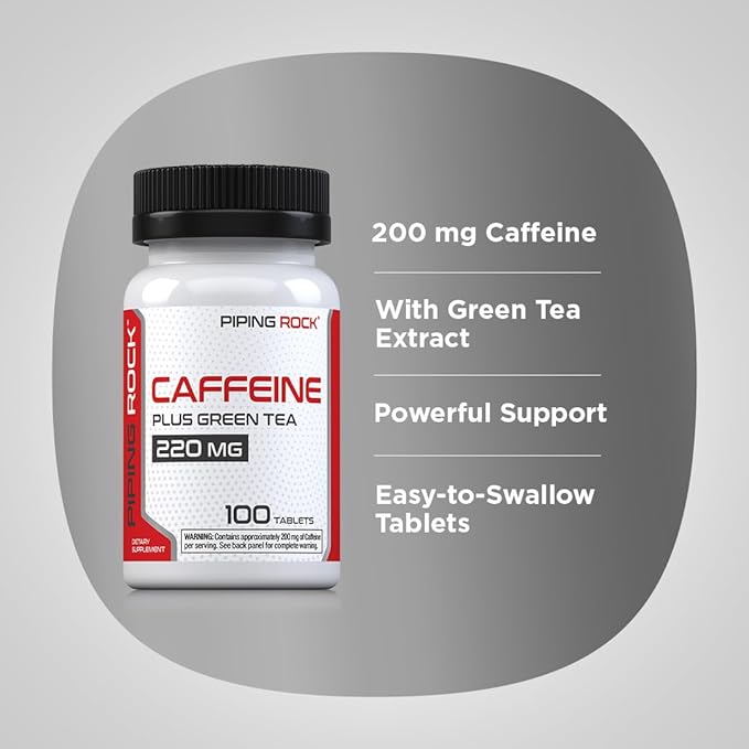 Piping Rock Caffeine Pills 200mg | 100 Tablets | with Green Tea Extract | Non-GMO, Gluten Free Supplement