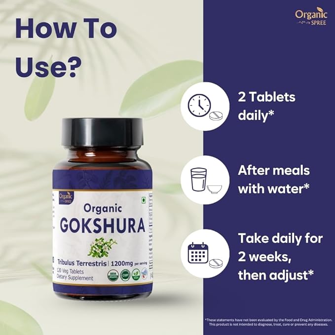 GOKSHURA 120 Tablets | Tribulus Terrestris (Gokshura) | USDA Organic Certified | Supports Immunity and Strength | Organic and Natural 120tab - Pack of 3
