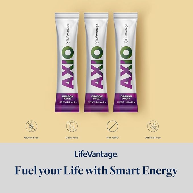 LifeVantage - AXIO - Regular Energy Drink Powder, Dragonfruit - with B Vitamins, DMAE, L-Theanine, Quercetin, Green Tea and Pine Bark - 30 Packets