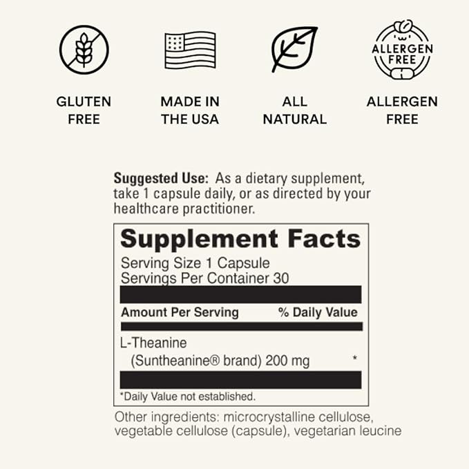 L-Theanine 200mg | 1 Month Supply, 30 Capsules | Non-GMO, Gluten & Caffeine Free | Pure L Theanine 200mg - Supports Sleep Quality, Promotes Calmness & Relaxation